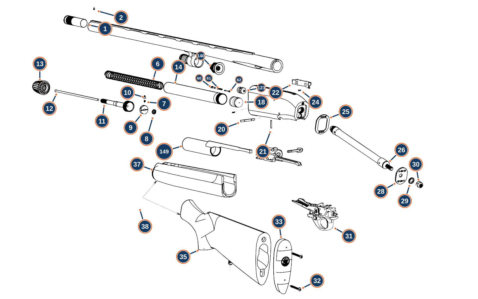 Official A300 Outlander Wood 12G Overview exploded diagram