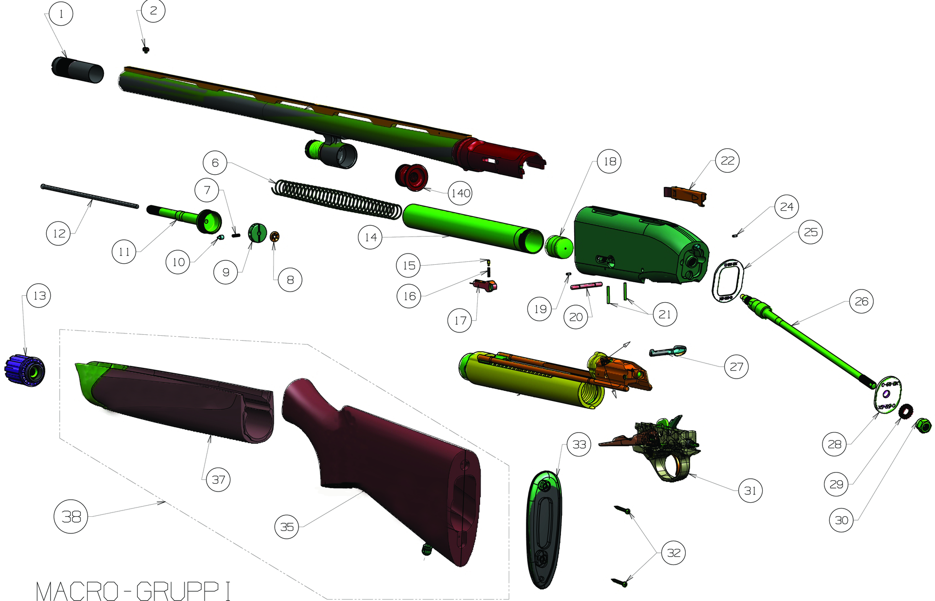 Beretta A400 Ultralite 12G — Main parts exploded diagram