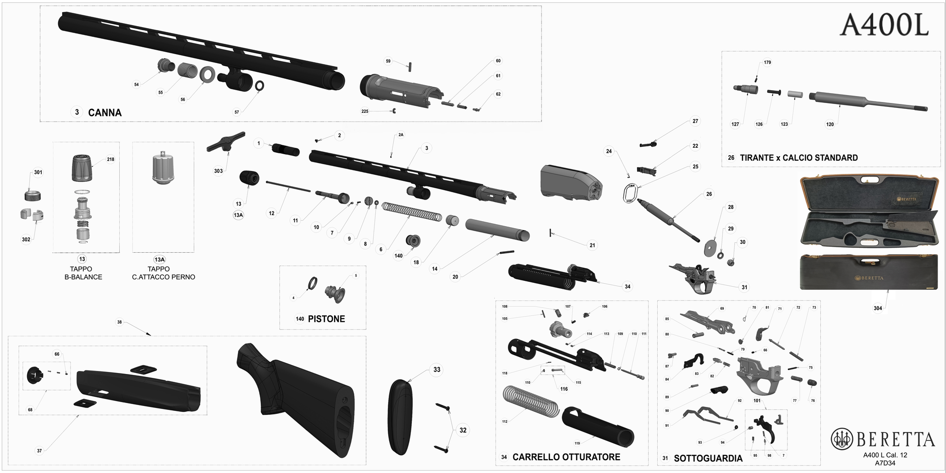 Beretta A400 L 12G exploded parts diagram