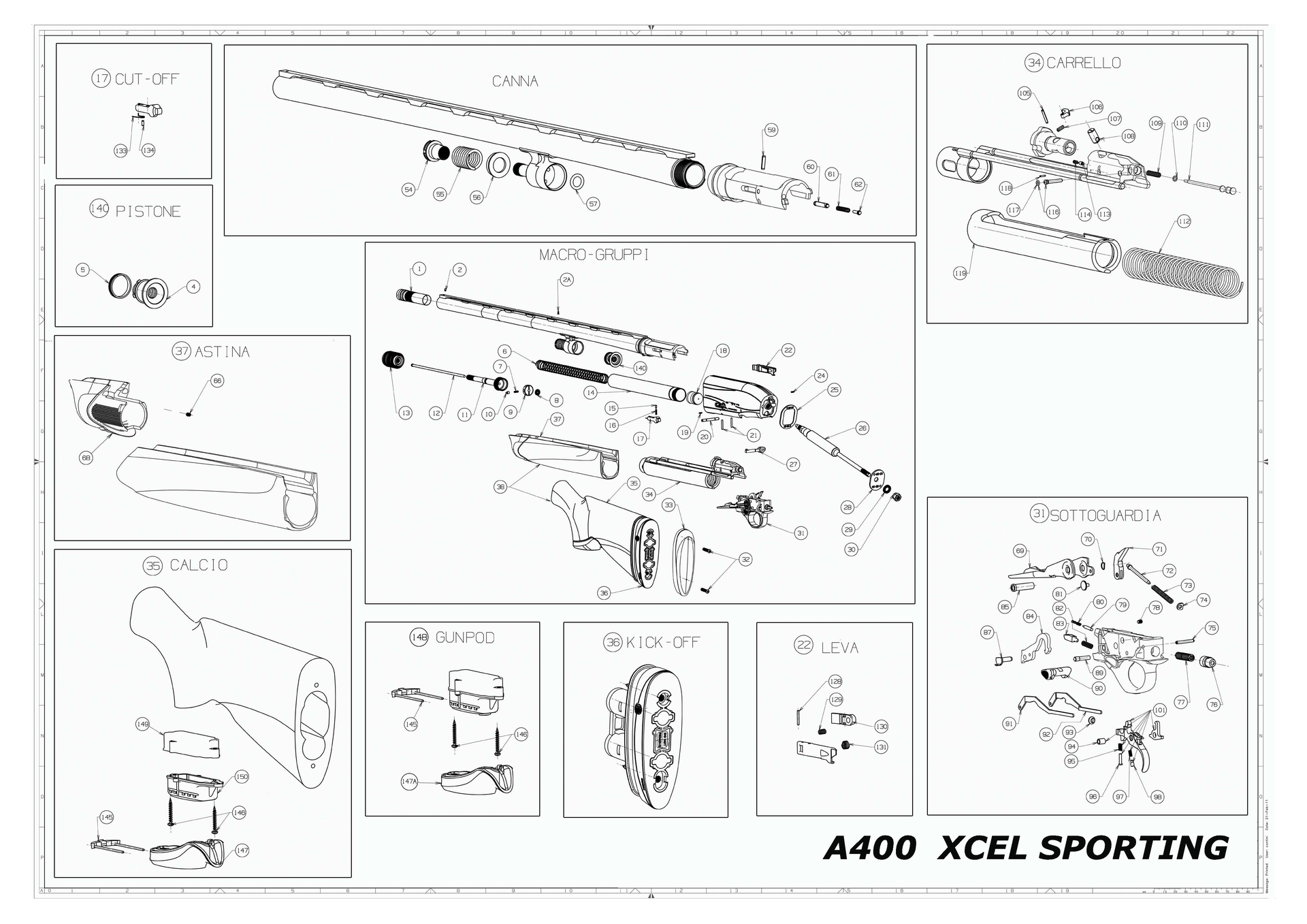 Beretta A400 Xcel Sporting 12G exploded parts diagram