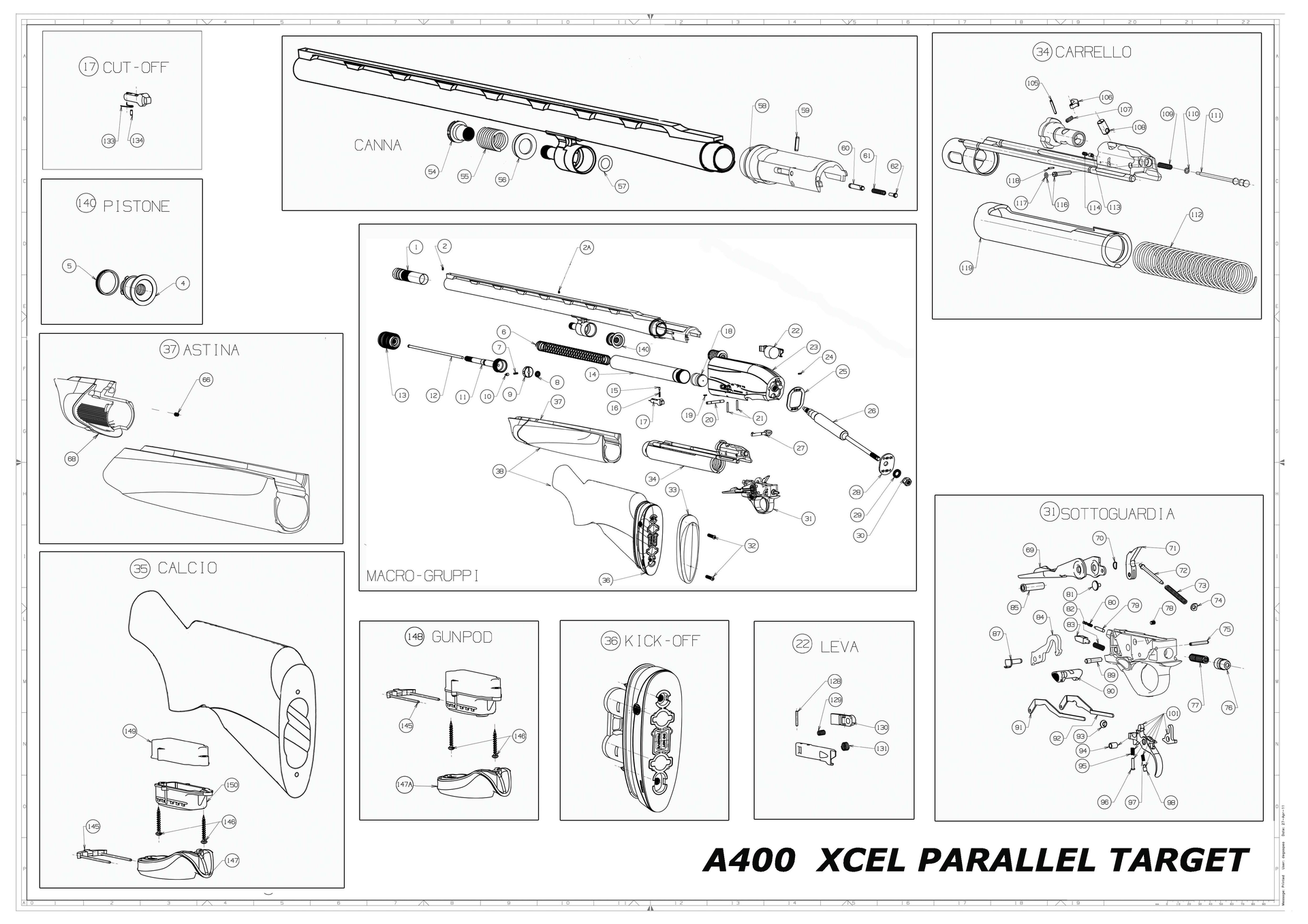 Beretta A400 Xcel Parallel Target 12G exploded parts diagram