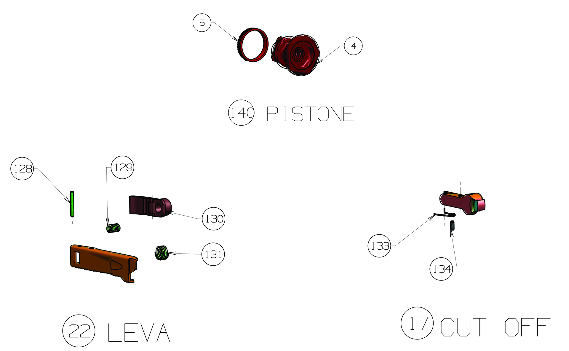 Beretta A400 Ultralite 12G — Piston / operating lever exploded diagram