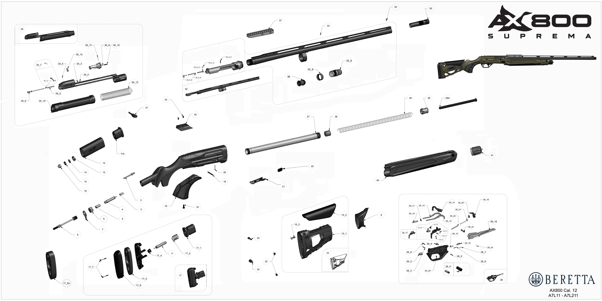 Beretta AX800 Suprema 12G exploded parts diagram