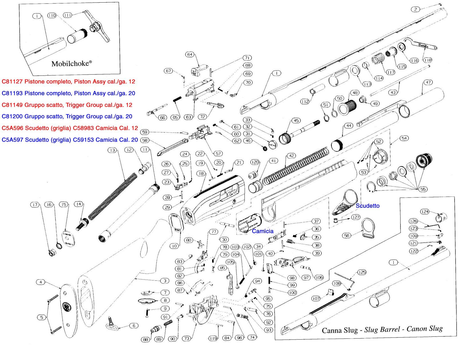 Beretta A391 Teknys Sporting 20G exploded parts diagram