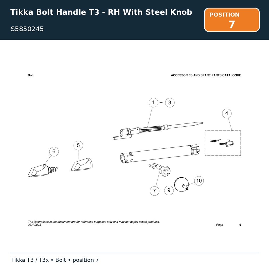 Tikka Bolt Handle T3 - RH With Steel Knob